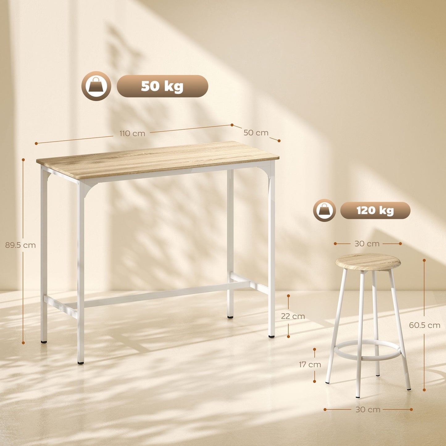 HOMCOM 5 Piece Bar Table Set for 4 with Stools, Metal Frame, Footrest for Kitchen Natural Wood