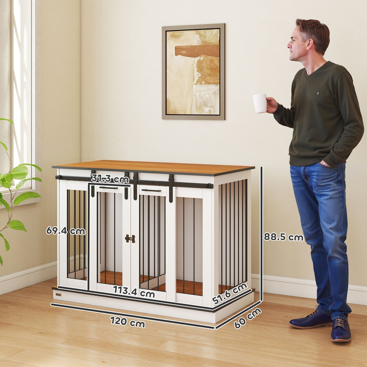 Dog crate furniture with dimensions shown in cm, indicating its size and scale