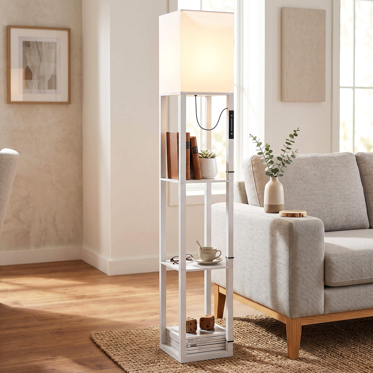 HOMCOM Floor Lamp with Shelves, Modern Dimmable Standing Lamp with Fabric Lampshade, Adjustable Colour Temperature, White