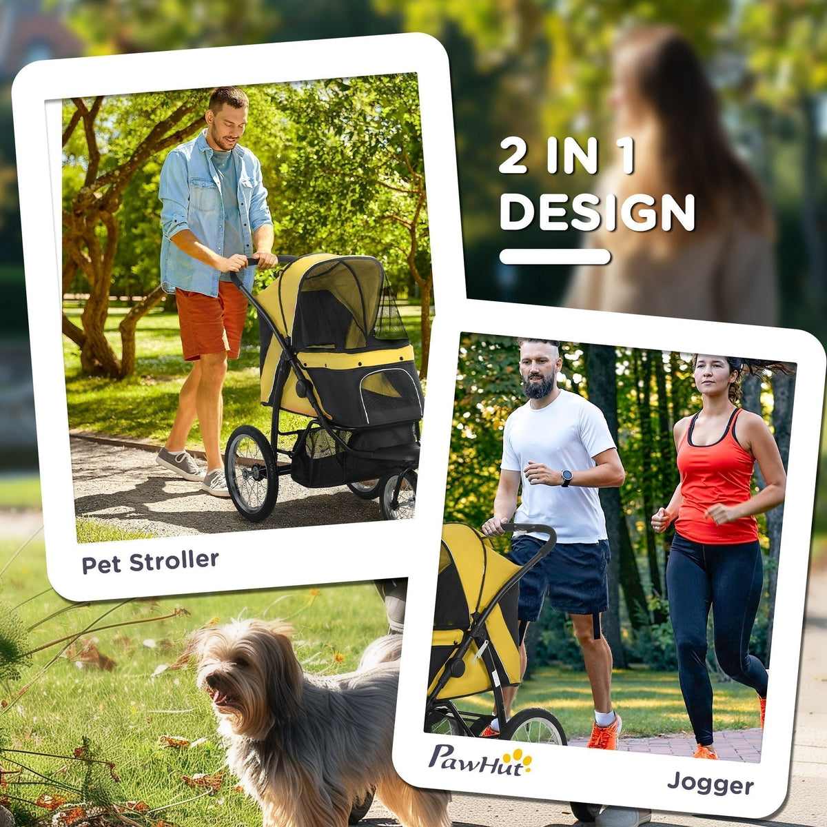 Collage showing the yellow and black dog carrier as a stroller and a jogger