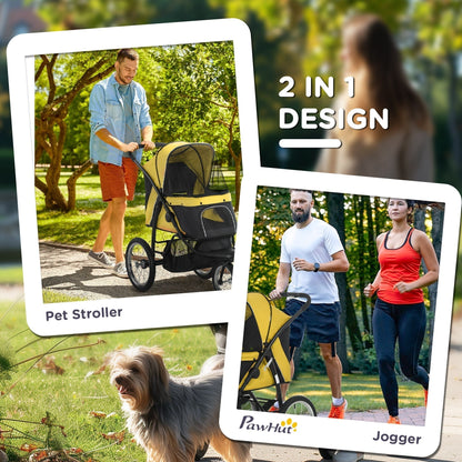 Collage showing the yellow and black dog carrier as a stroller and a jogger