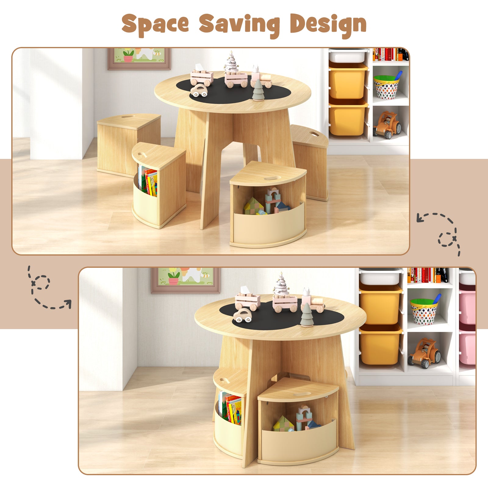 5 PCS Kids Table and Chair Set with Writable Blackboard Desktop-Natural