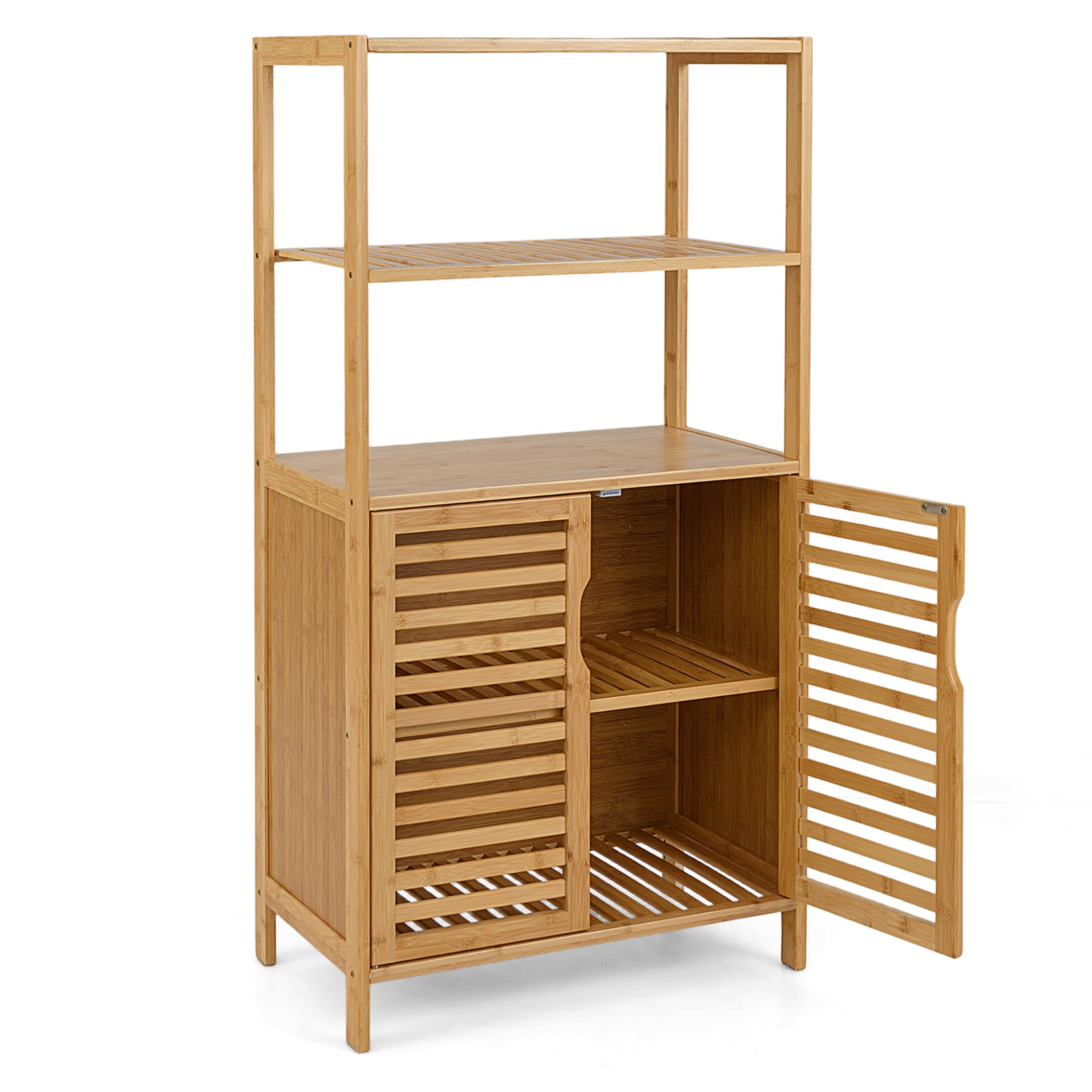 5-Tier Bookshelf with Open Shelves and Louvered Cabinet-Natural