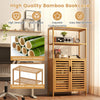 5-Tier Bookshelf with Open Shelves and Louvered Cabinet-Natural