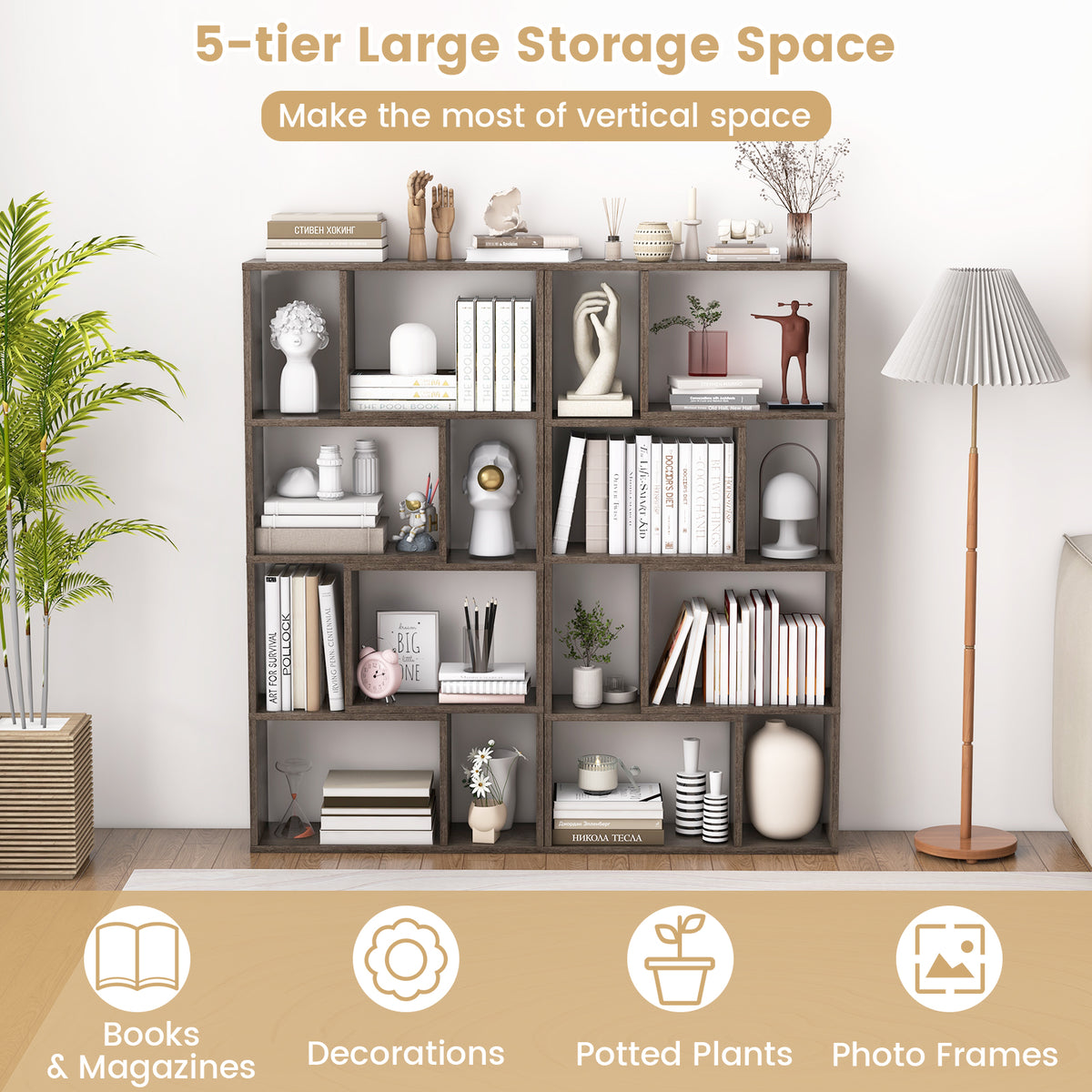 5-Tier Geometric Bookshelf with 8 Cubes Floor Standing Open Display-Grey