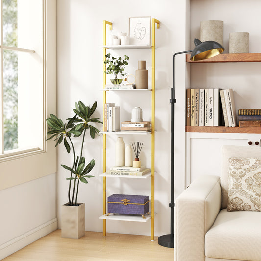 5-Tier Ladder Shelf Wall Mounted Bookshelf with Metal Frame-White & Golden