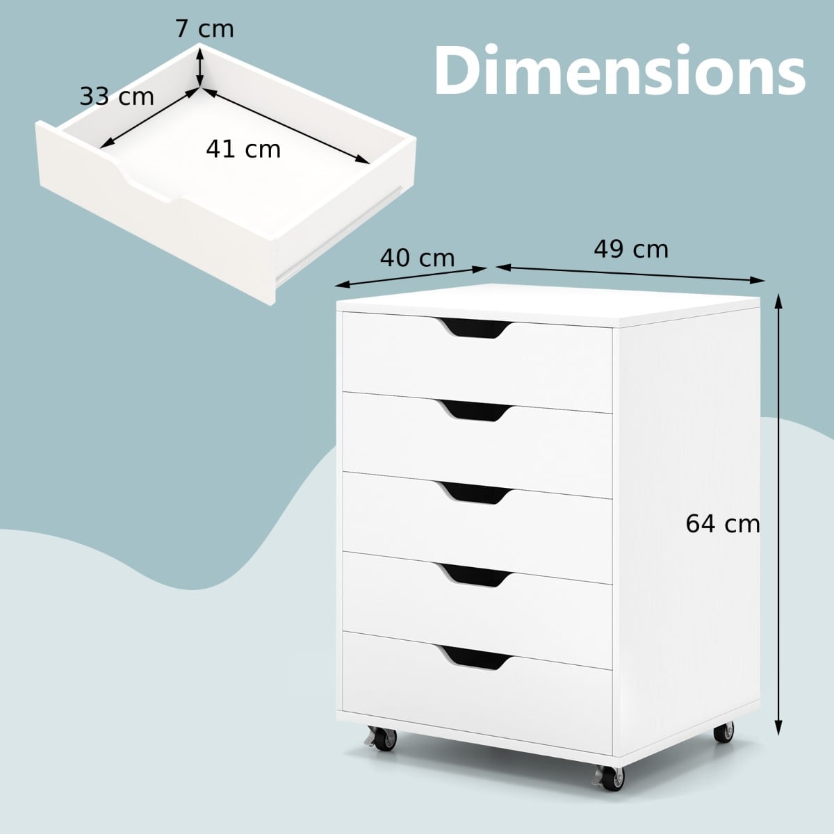 5 Drawer Chest with Lockable Wheels for Home Office-White
