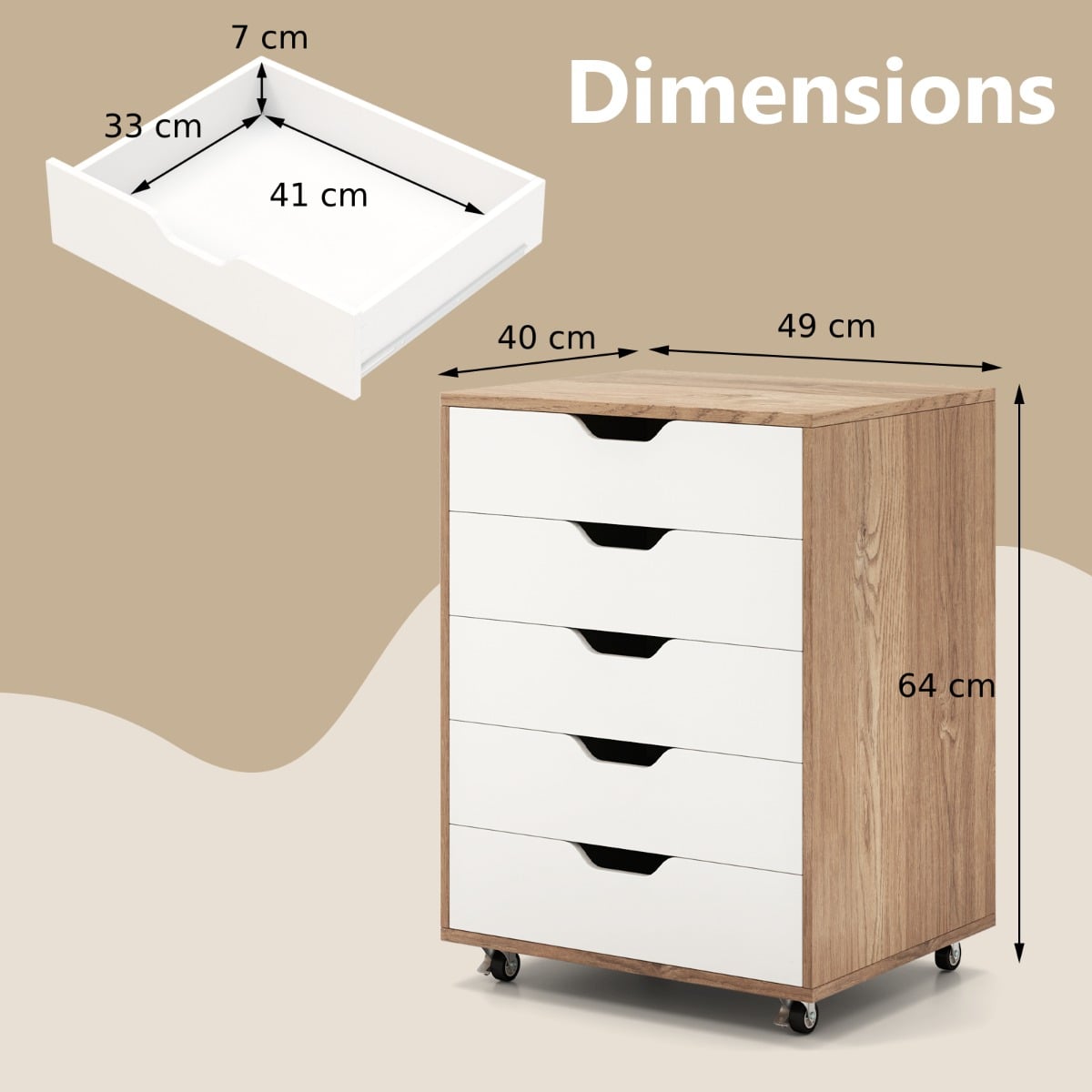 5 Drawer Chest with Wheels for Home and Office-Natural