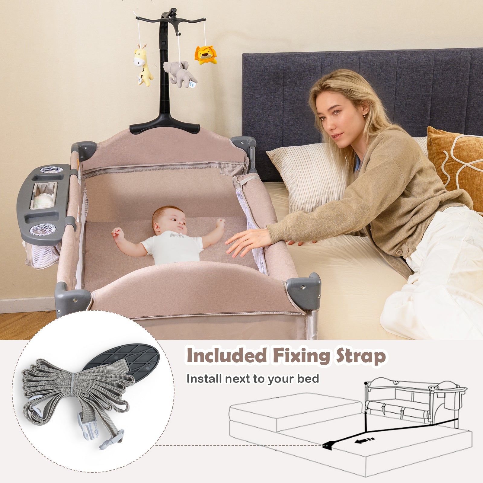 5-in-1 Baby Bassinet Bedside Sleeper with Diaper Changer and Hanging Toys-Sand Color