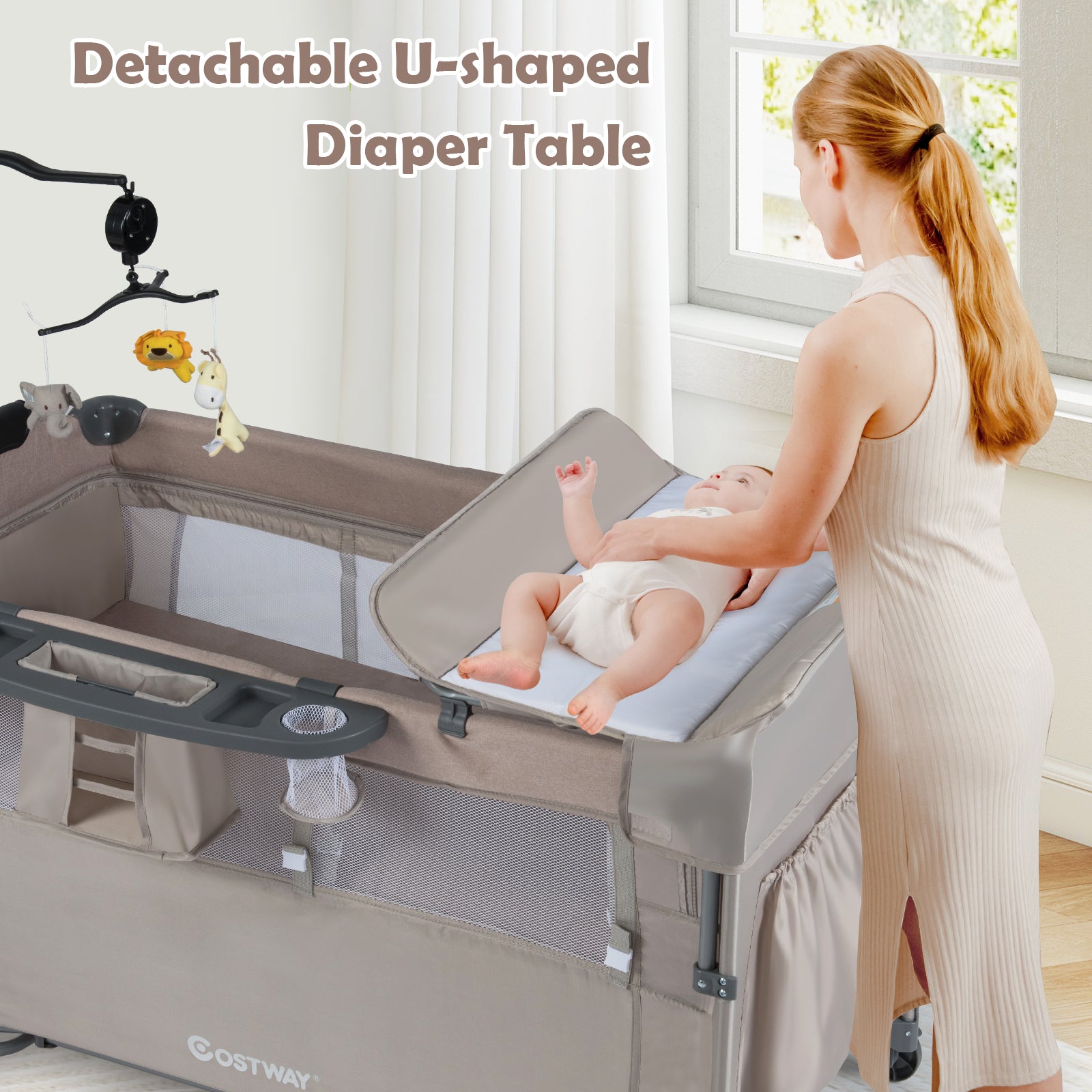 5-in-1 Baby Bassinet Bedside Sleeper with Diaper Changer and Hanging Toys-Sand Color