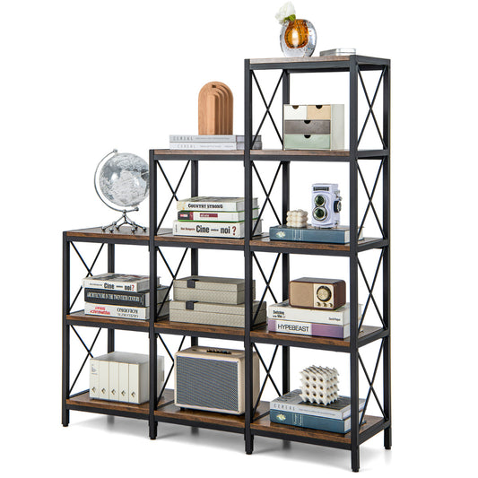 5-Tier Bookshelf with Carbon Steel Frame and Anti-Tipping Kits-Rustic Brown