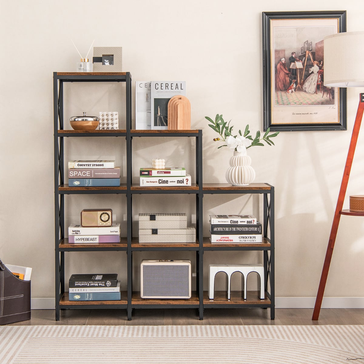 5-Tier Bookshelf with Carbon Steel Frame and Anti-Tipping Kits-Rustic Brown