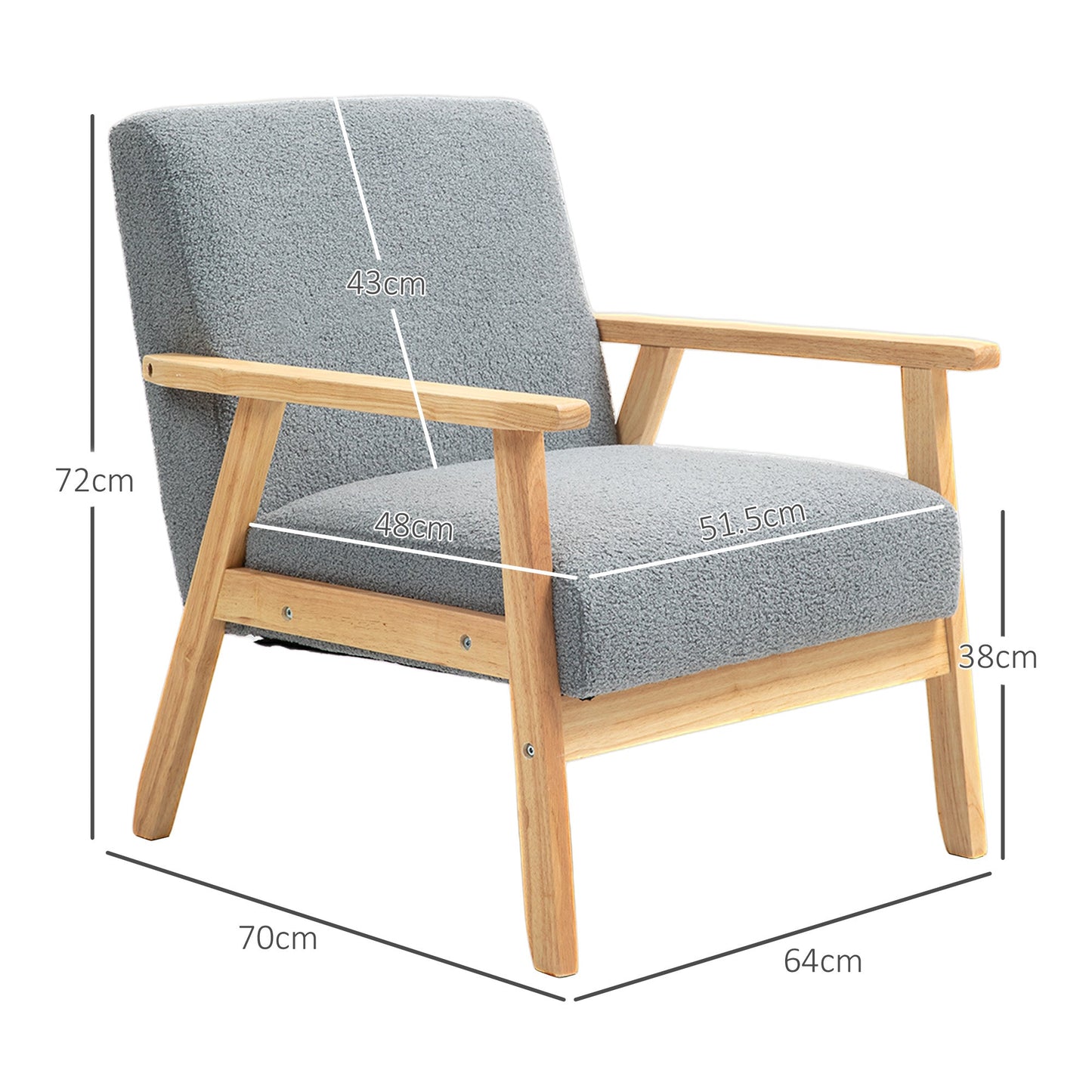 HOMCOM Modern Armchair, Cashmere Upholstered Sofa with Solid Wood Legs and Wide Seat, Accent Chair for Living Room Bedroom Office, Grey