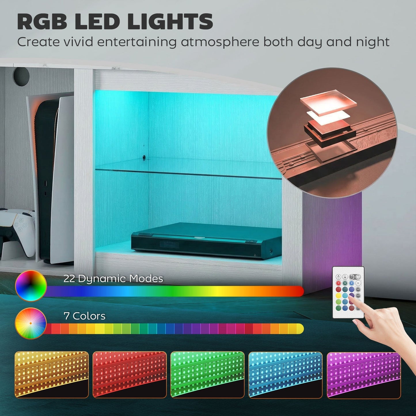 حامل تلفزيون HOMCOM مقاس 70 بوصة، مع أضواء LED وتخزين - أبيض
