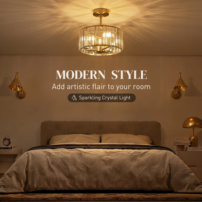 HOMCOM Semi Flush Mount Modern Crystal Chandelier Ceiling Light, Crystal Ceiling Light Fixture with E14 Base, Gold