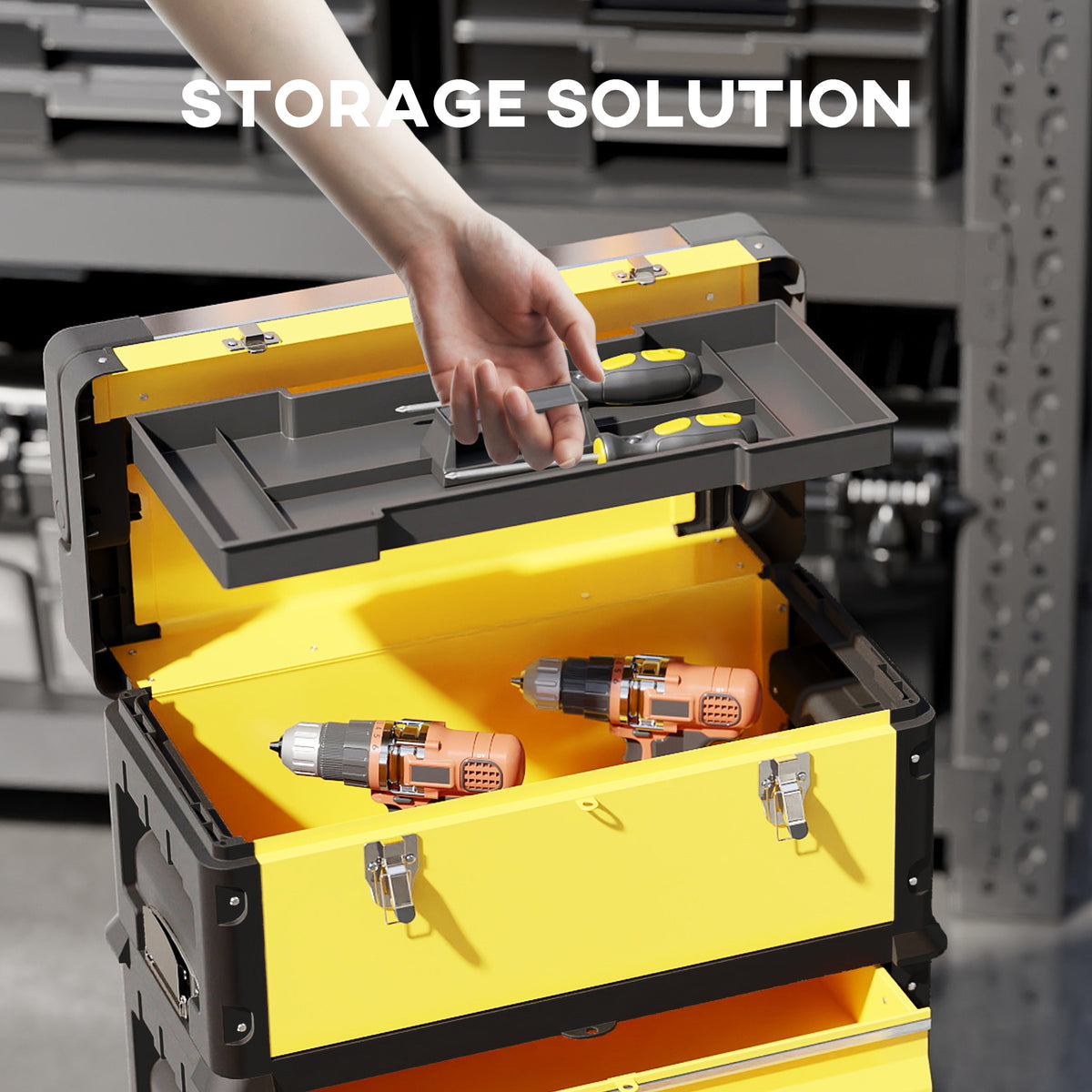 HOMCOM 3-in-1 Stackable Rolling Tool Box in Yellow
