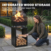 Outsunny Outdoor Fire Pit with Wood Storage Wood Burning Firepit with Mesh Sides 87 cm Black