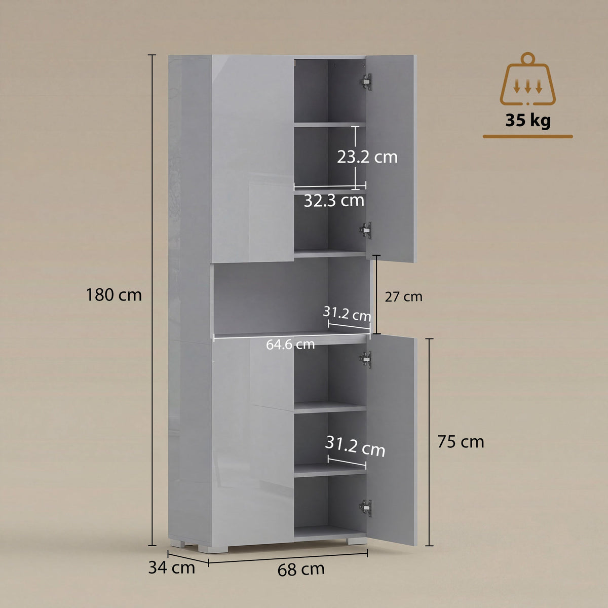 A diagram showing the dimensions of the tall grey storage unit, with weight indicated