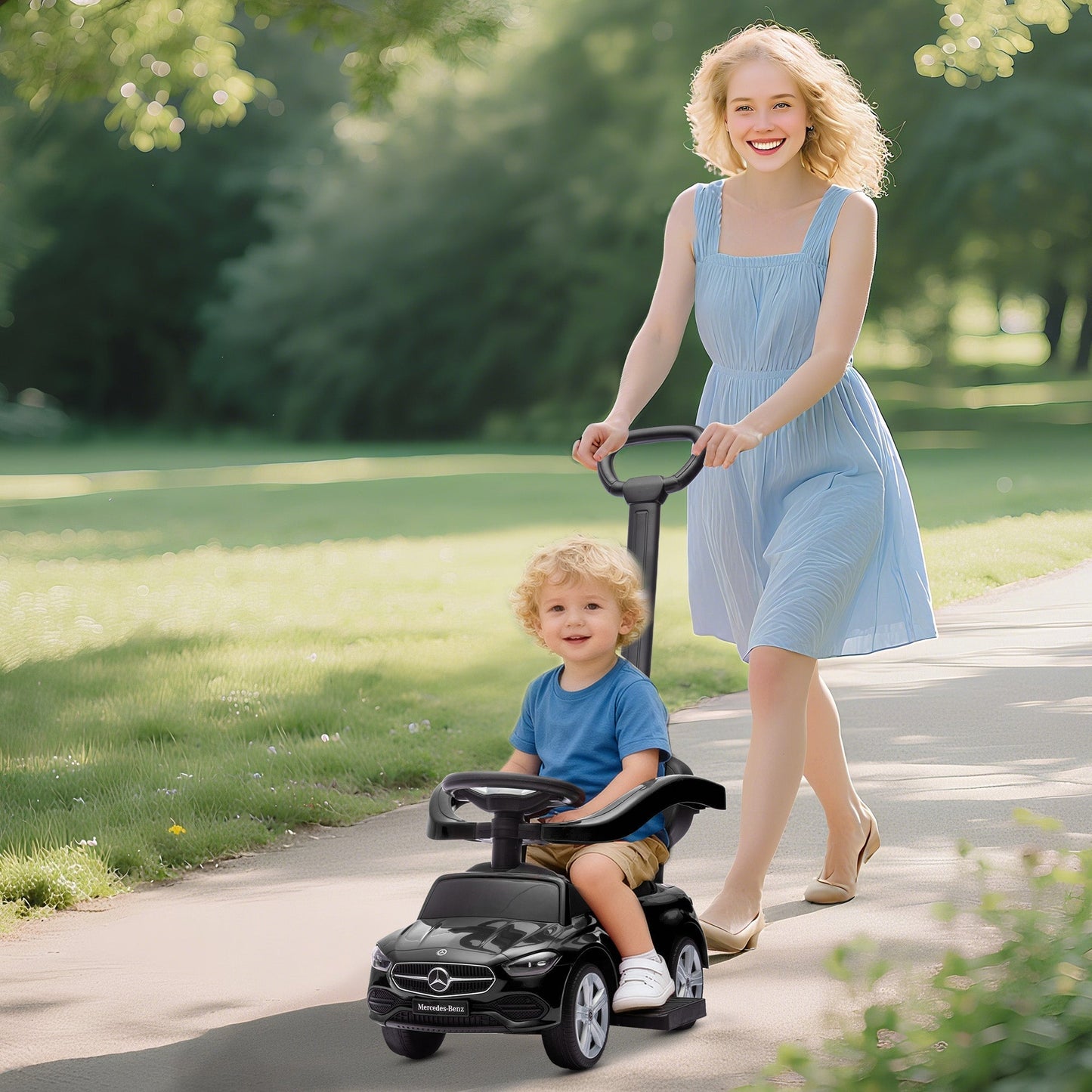 AIYAPLAY 2 in 1 Baby Ride on Push Car Mercedes-Benz C-Class Licensed Walker Foot to Floor Push-Along with Removable Handle, Black