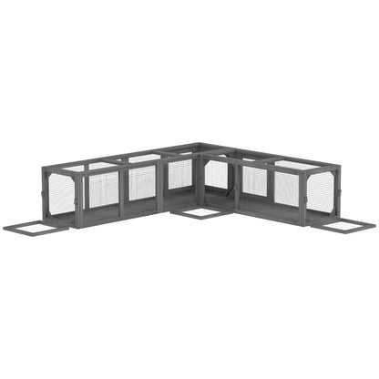 PawHut Cat Tunnel, 250cm Extra Long Wooden Cat Play Tunnel with 8 Doors, L-shape/Rectangle, Outdoor Cat Enclosure, Dark Grey