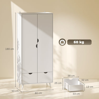HOMCOM Elegant Home Storage Organisation Furniture, 2-Door Clothes Wardrobe with 2 Drawers, Wood Feet, White