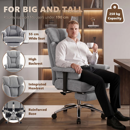 HOMCOM 250 kg Big and Tall Massage Office Chair with Heat, High Back, Height Adjustable Linen Executive Desk Chair, Grey