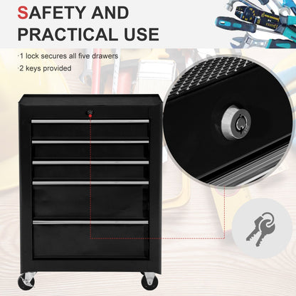 HOMCOM 5-Drawer Tool Box on Wheels, Lockable Tool Storage Cabinet with EVA Pat, Black