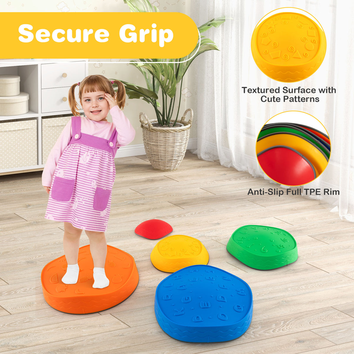 The kids stepping stones featuring close-up details of the textured surface and anti-slip rim
