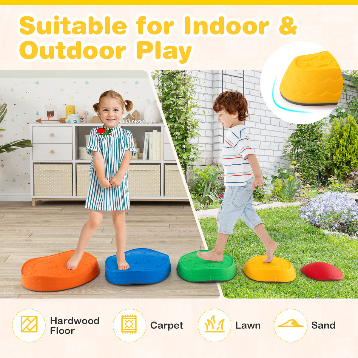The kids stepping stones shown in both indoor and outdoor settings with surface icons