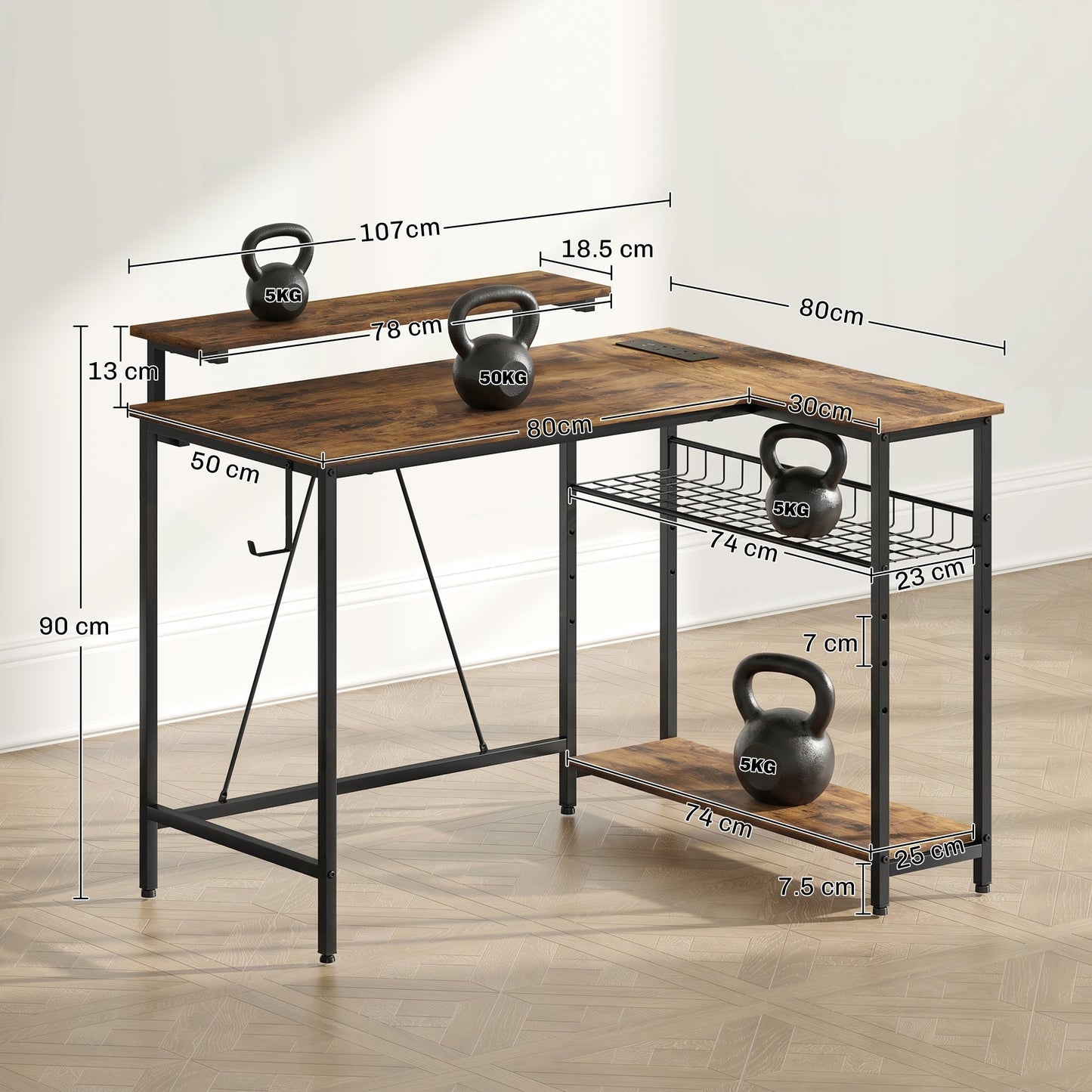 HOMCOM Reversible 'L' LED Light Gaming/Work Desk - Rustic Brown