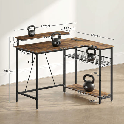HOMCOM Reversible 'L' LED Light Gaming/Work Desk - Rustic Brown