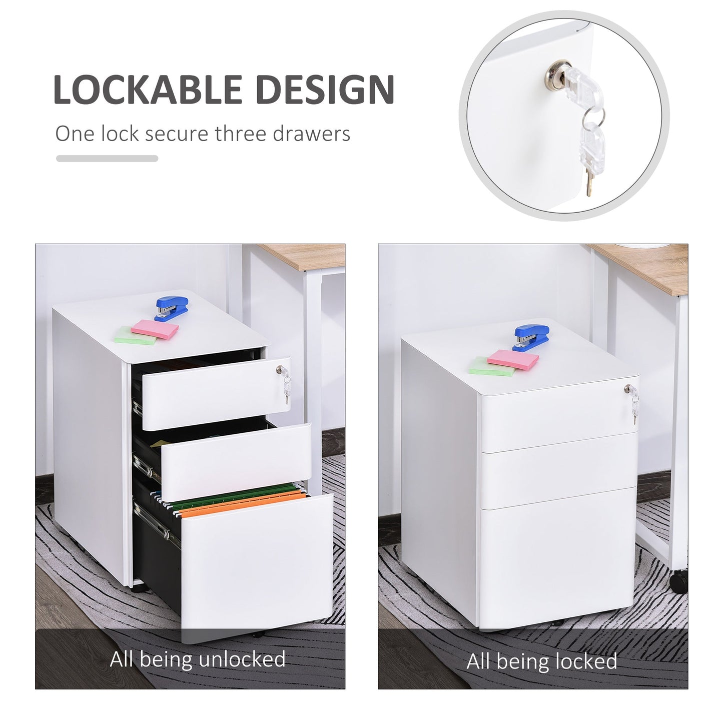 Vinsetto Lockable Cabinet, Rolling Filing Cabinet with 3 Drawers, Steel Office Drawer Unit for A4, Letter, Legal Sized Files-White