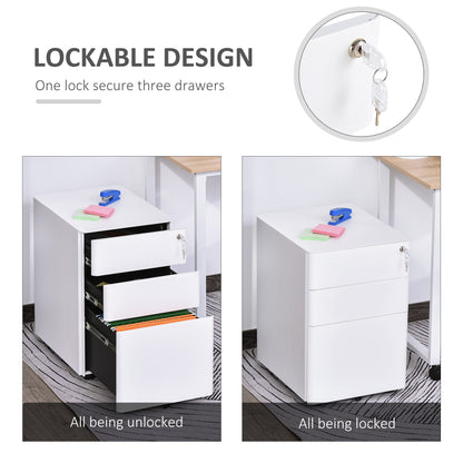 Vinsetto Lockable Cabinet, Rolling Filing Cabinet with 3 Drawers, Steel Office Drawer Unit for A4, Letter, Legal Sized Files-White
