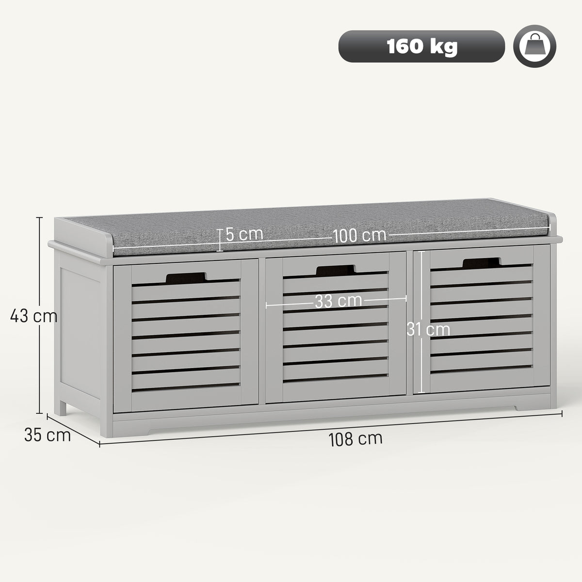 HOMCOM 3-Drawer Shoe Storage Bench in Grey