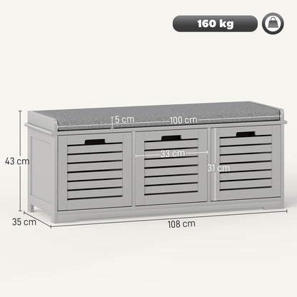 HOMCOM 3-Drawer Shoe Storage Bench in Grey