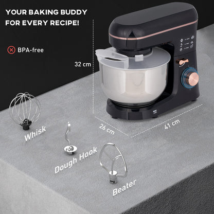 HOMCOM Stand Mixer, 5L Food Mixer for Baking, 6 Speeds and Pulse Setting, 1400W Cake Electric Kitchen Mixer with Dough Hook, Whisk, Stainless Steel Bowl, Splash Guard, Beater, Black