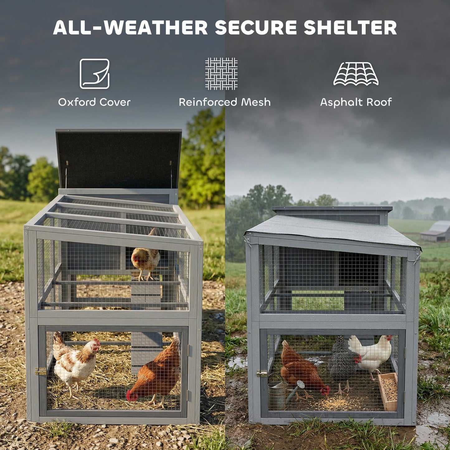 PawHut Large Chicken Coop، قفص دجاج خشبي مع منطقة لعب مغطاة، وصندوق تعشيش، ودرج سحب، وسقف أسفلت قابل للفتح