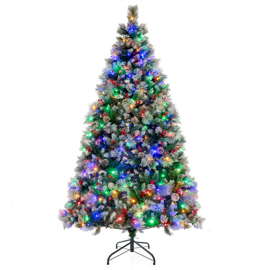 6/7 Feet Artificial Xmas Tree with snowy branches and colourful lights on a metal stand
