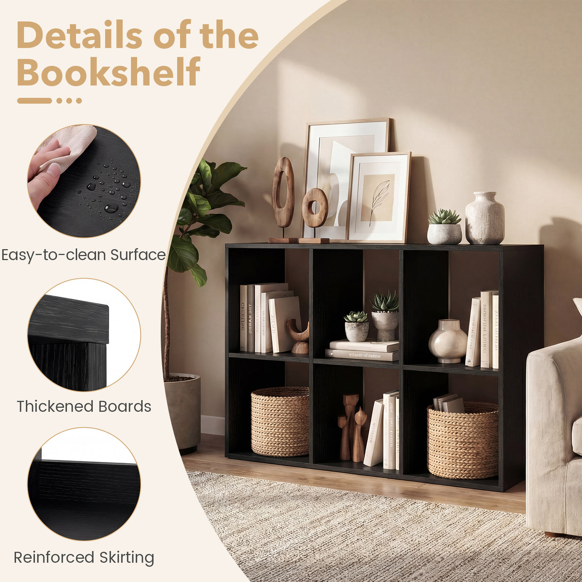 6-Cube Bookshelf with Back Guardrail and Anti-tipping Kits-Black