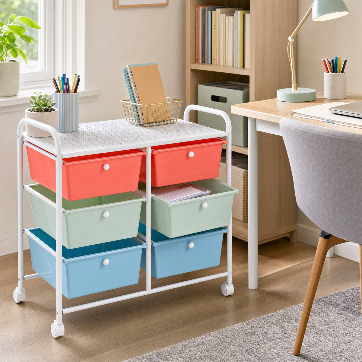 6-Drawer Rolling Storage Cart with 4 Universal Wheels and Metal Frame Spacious Tabletop-Multicolor