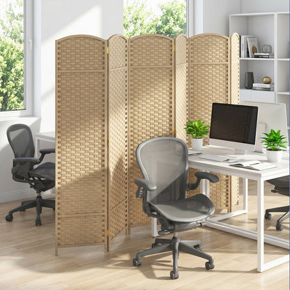 6-Panel Room Divider Folding Privacy Screen with Hand-woven Texture-Beige