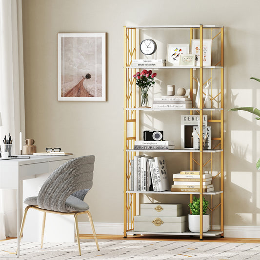 6-Tier Modern Geometric Bookcase with Heavy-duty Metal Frame for Study-White