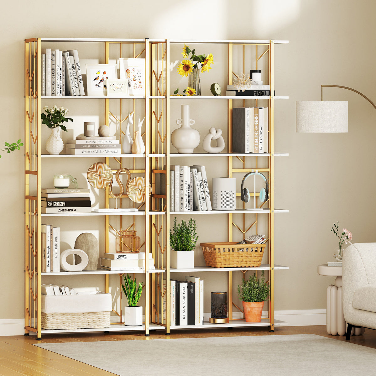 6-Tier Modern Geometric Bookcase with Heavy-duty Metal Frame for Study-White