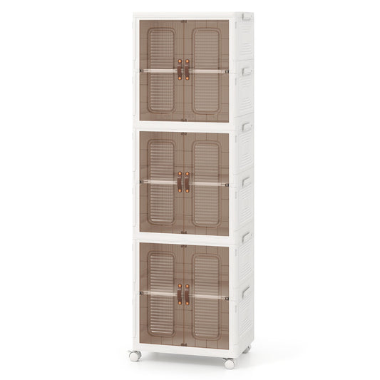 The storage unit with empty shelves and brown tinted doors closed on a white background