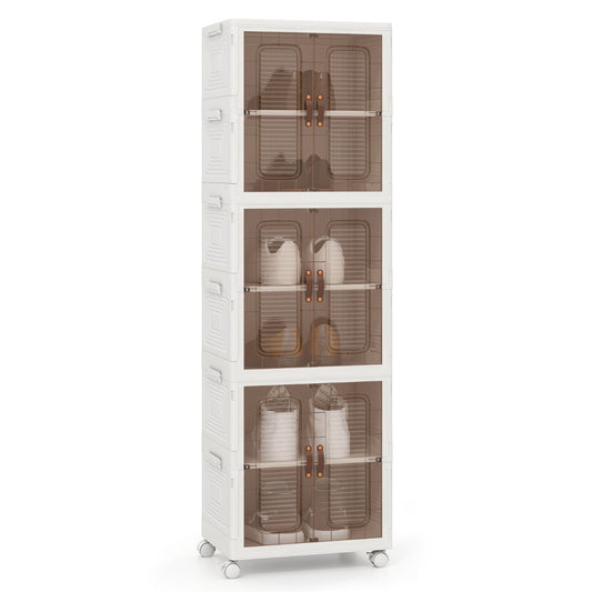 6-Cube Stackable Storage Bins standing upright with shoes visible inside the clear front doors