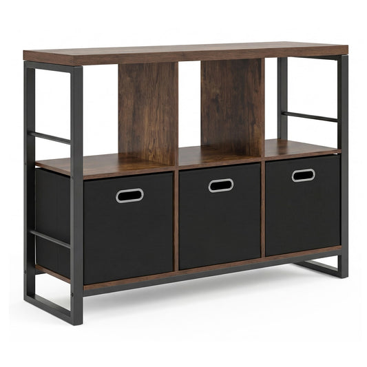 6 Cube Storage Organizer with a rustic brown top and black fabric bins