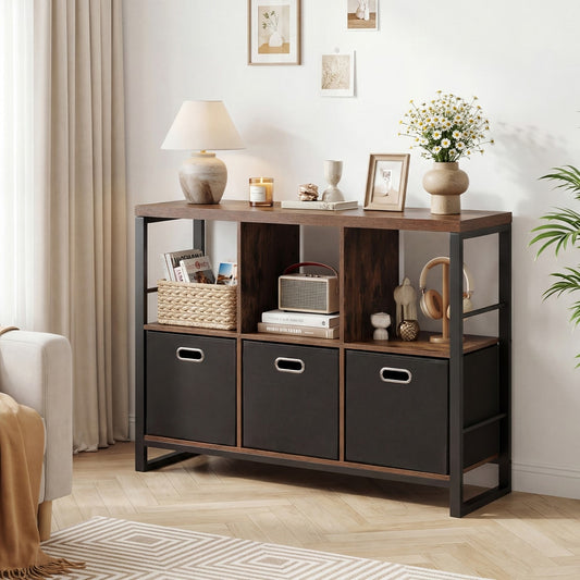The rustic brown cabinet with black bins is shown in a living room setting