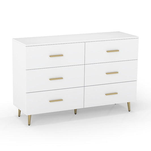 6 Drawer Dresser with Anti-Toppling Device in white with gold handles and legs