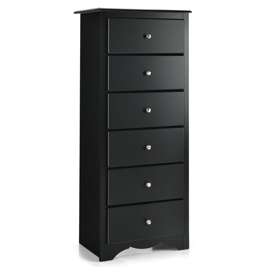 6-Drawer Freestanding Dresser Cabinet in black, a tall unit with six drawers and silver knobs