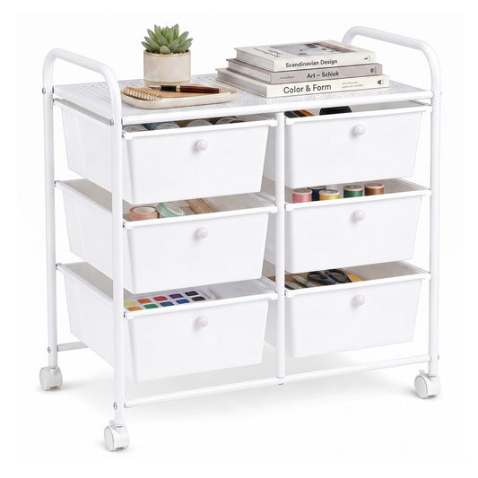 6-Drawer Rolling Storage Cart with books and a plant on the top shelf against a white background